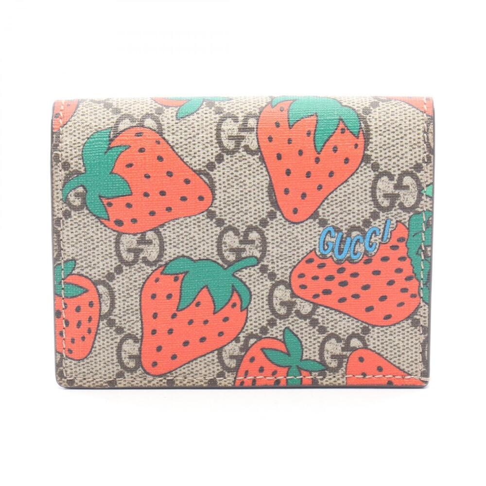 Gucci GG Supreme Strawberry Bifold Wallet Leather Multicolor Beige Brown